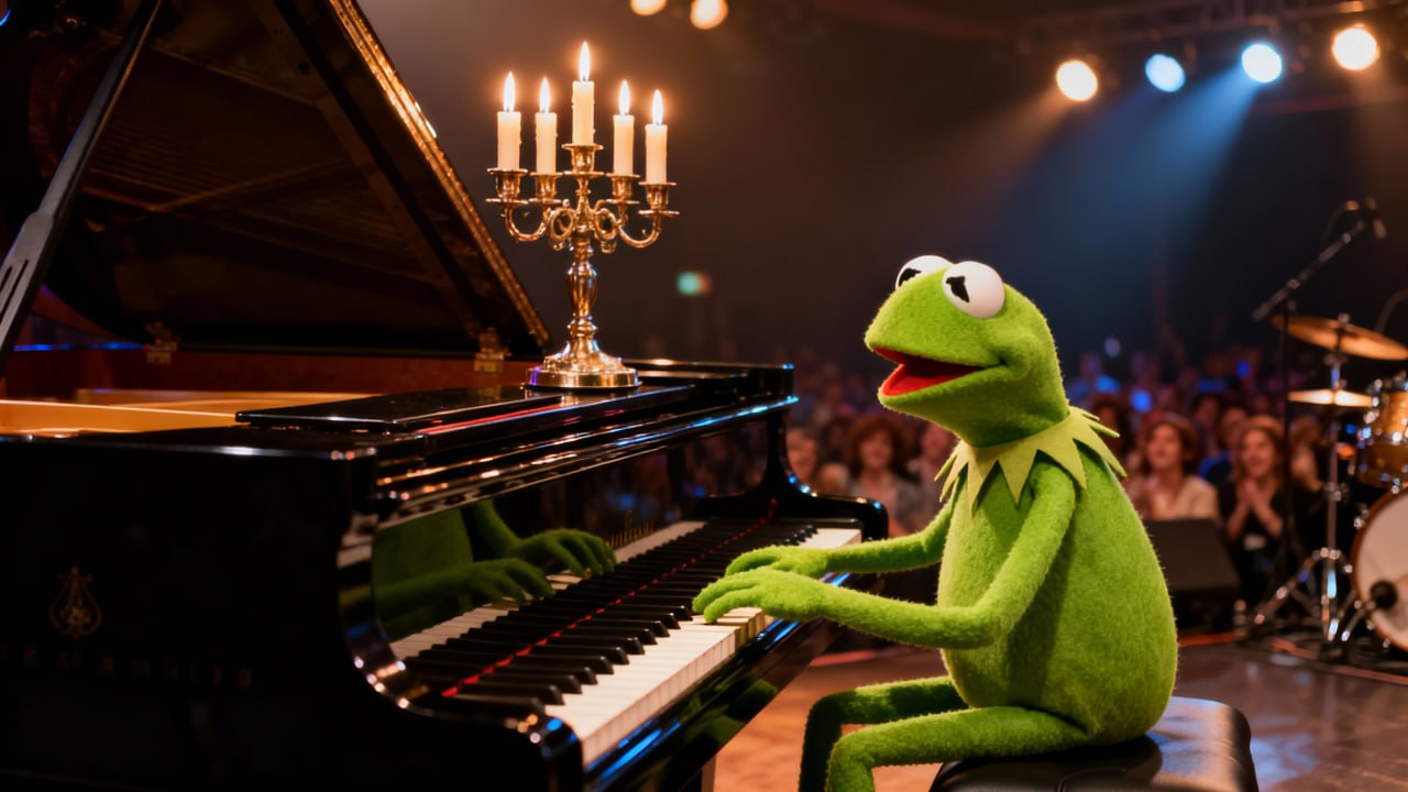 Kermit playing piano on stage